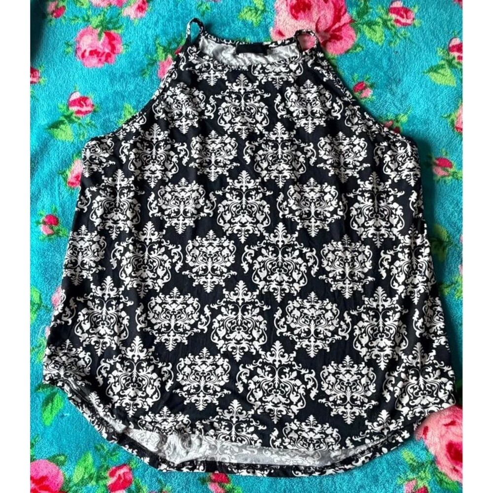 Black & White Damask Print High Neck Sleeveless Tunic Top Flowy Longline